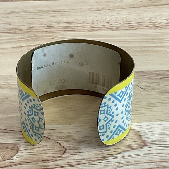 Vintage Brass Enamel Cuff Bracelet Blue Yellow Geometric Boho Modernist 1.5” - Picture 9 of 10